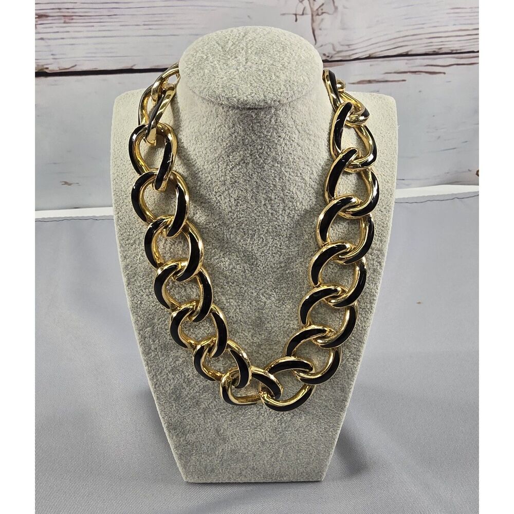 Vintage Black & Gold Tone 80s Signed Les Bernard‎ Chunky Chain Necklace